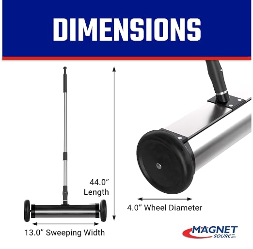 Master Magnetics Magnetic Sweeper with Wheels - Mini Push-Type with Release and Telescoping Handle - Powerful Magnetic Tool for Yard - Pick Up Nails and Other Metal Debris - Strong 35 lb Pull - 13”