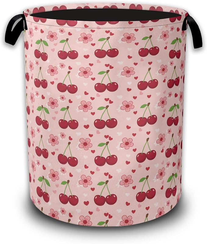 Cherry Flower Laundry Basket,Waterproof Foldable Pink Laundry Hamper,Dirty Clothes Laundry Basket, Linen Bin Storage Organizer Collection 16" x 20.8"