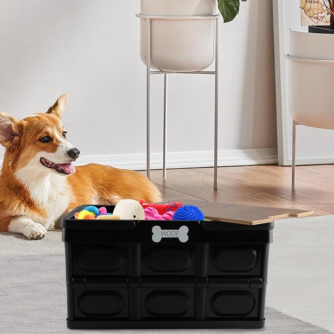 Outdoor Dog Toy Bin wtih Handles,Collapsible Dog Stuff Organizer Portable,Pet Storage Basket with Wood Cover for Dog Toys/Snack/Camping Essentials,Ideal for Car Trunk,RV Trip,Picnic-Black