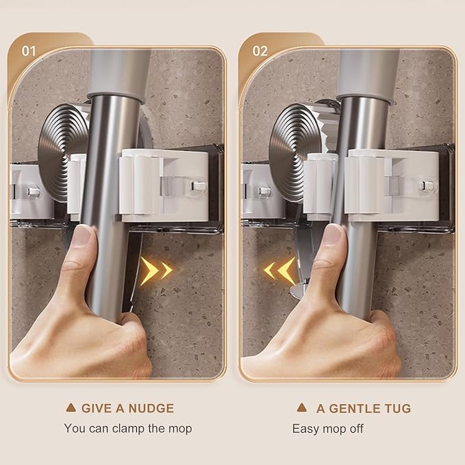 Suction Cup Mop Holder, No Drill Mop and Broom Rack Wall Mounted with Hooks and 2 Clips, Removable Broom Holder Mop Hanger for Bathroom, Kitchen, Office, Utility Room, Laundry, Garage (Grey)