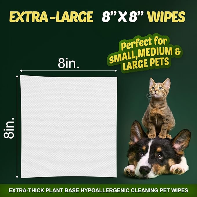 Petazy Dog Wipes for Paws and Butt – 100 Count (8x8in) Hypoallergenic, Deodorizing Pet Wipes for Dogs and Cats | Extra Large, Plant-Based, Unscented | Travel Size, Single On-the-Go Pack