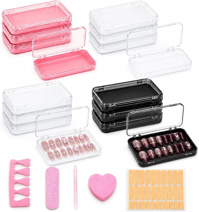 12Pcs Press On Nail Packaging Boxes for Long Nails | Large clear storage cases for long press ons; includes 30 adhesive tabs and bonus tools for nail salon use.