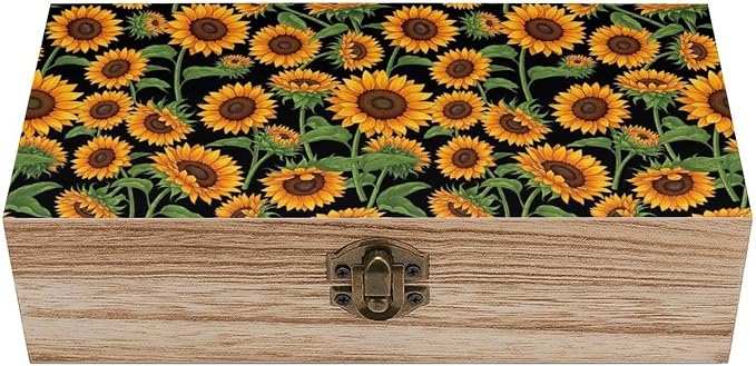 Wooden Memory Keepsakes Box with Hinged Lid and Clasps, Giant Sunflower | Black Crafts Storage Organizer Gift Boxes, Jewelry Container Home Decor for Birthday Party Favor