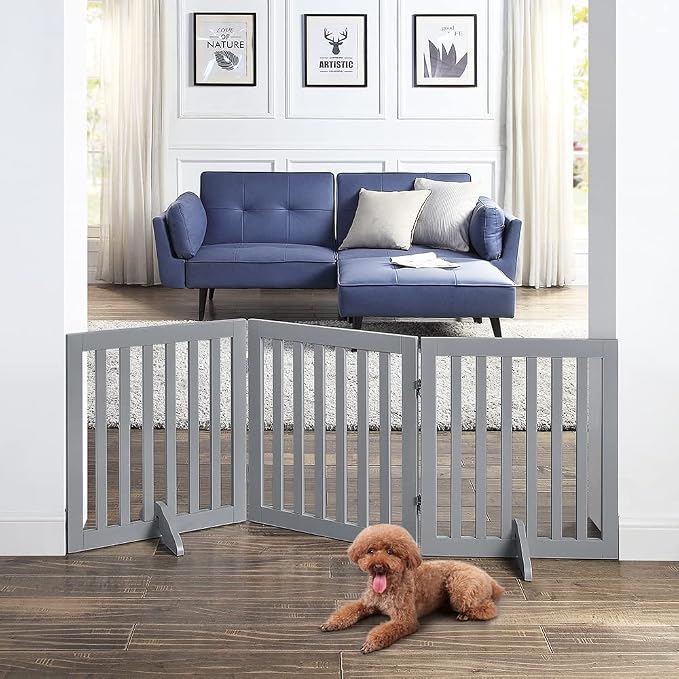 unipaws 24”H Free Standing Pet Gate for Dog Cat, 60”Wide Wooden Dog Gates | Foldable Pet Fence for Doorway, Stairs, Step, Expandable Doggy Barrier, Indoor Use