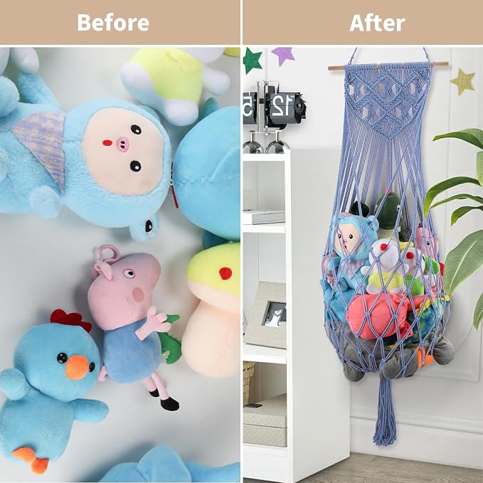 63 Inch Stuffed Animal Storage Hammock Corner, Stuffy Plushie Net,Blue | Wall Ceiling Over Door Hanging Toy Hammock for Stuffed Animals,Plushies Organizer w/ Star Lights,Nursery Kid Room Decor Gift