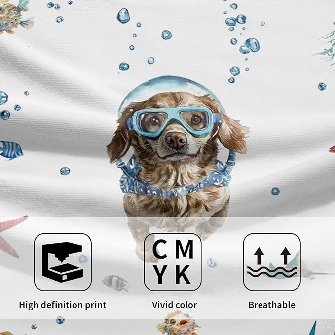 Giwawa Funny Dog Hand Towel Set of 2 Summer Nautical Ocean Blue Sea Towel Underwater Swimming Puppy Decorative Face Fingertip Towel Dish Wash Cloth for Bathroom Hotel Gym Home Spa