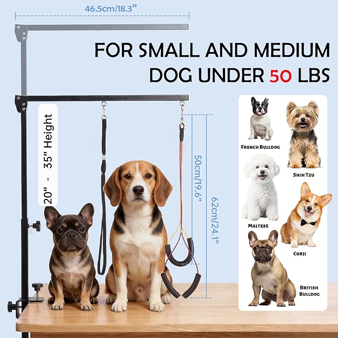 Dog Grooming Arm with Clamp Hammock with Back Buckle , Adjustable Pet Grooming Table for Small Dogs at Home, Heavy Duty Dog Grooming Stand & Sling for Nail Trimming, Groomers Helper Kit, Carrying Case