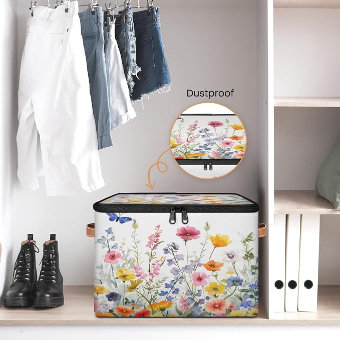 Pardick Storage Bin Wildflorals Flower Storage Baskets with Zipper Lid & Handle Foldable Closet Shelf Cloth Organizer Basket Cube Bins Clothes Organizer for Nursery, Bedroom