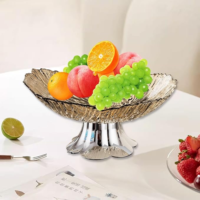 Pedestal Fruit Bowl, Snack Storage Holder, Fruit Tray, Dessert Display Stand, Decorative for Living Room Kitchen Home, E with Silver Base, Gold