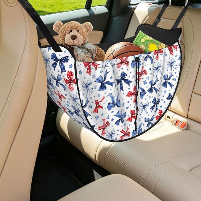 Patriotic Bow Star Car Seat Organizer Backseat Storage Bag, Large Waterproof Vehicle Organizer With Adjustable Straps For Gear Essentials, Fits Most Cars