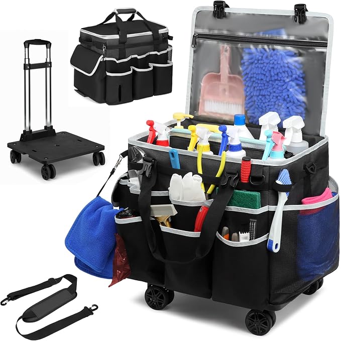 Large Rolling Cleaning Caddy Bag with Detachable Trolley, Full Support Plates for Professional Cleaning Supplies Bag, Organizer Bag with 4 Universal Wheels for Housekeepers, Car Wash