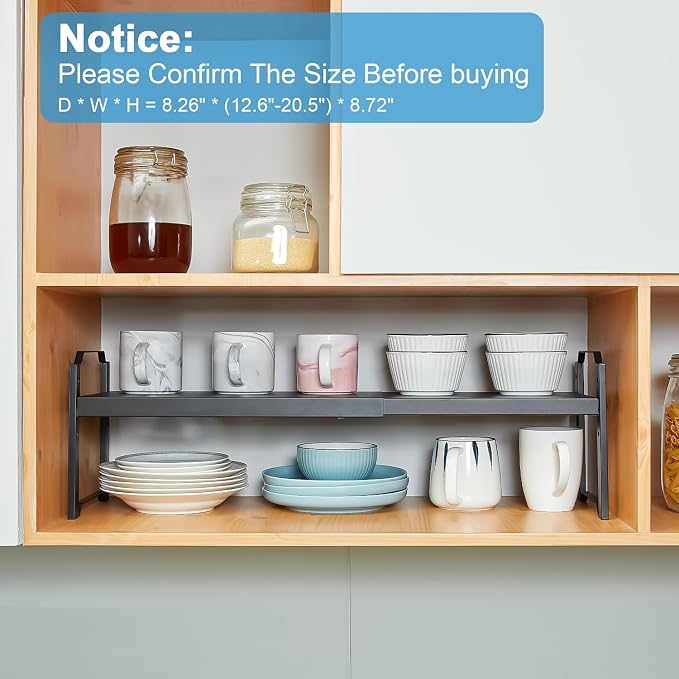Expandable Cabinet Shelf Organizer, Adjustable kitchen Countertop Storage | 2 Pack Stackable Metal Kitchen Cabinet Countertop Storage Shelves, Heavy Duty Counter Cupboard Pantry Organizers, 20.5" Long