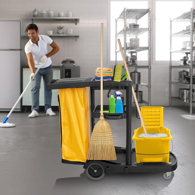 Commercial Janitorial Cleaning Cart on Wheels - Black Housekeeping Caddy with Cover, Shelves and Vinyl Bag