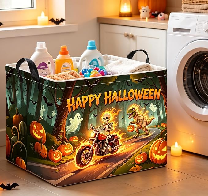 Rectangle Storage Basket with Handles,Collapsible Storage Bin,Gift Basket(Fire Halloween)
