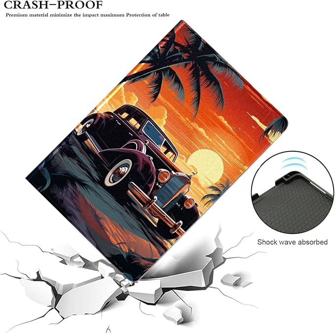 for Samsung Galaxy Tab A8 10.5 Inch 2022 (SM-X200/X205/X207) Tablet Case,Premium Leather Folio Stand Auto Wake/Sleep,Multiple Viewing Stand,Retro Car Sunset Palm Trees