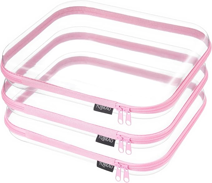 YQBRAO Clear Hard Shell Zipper Cases, 3 Large Travel Organizers, Pink | Rigid 1.2 mm PET and YKK dual zippers for full-size toiletries, makeup palettes, electronics and craft supplies
