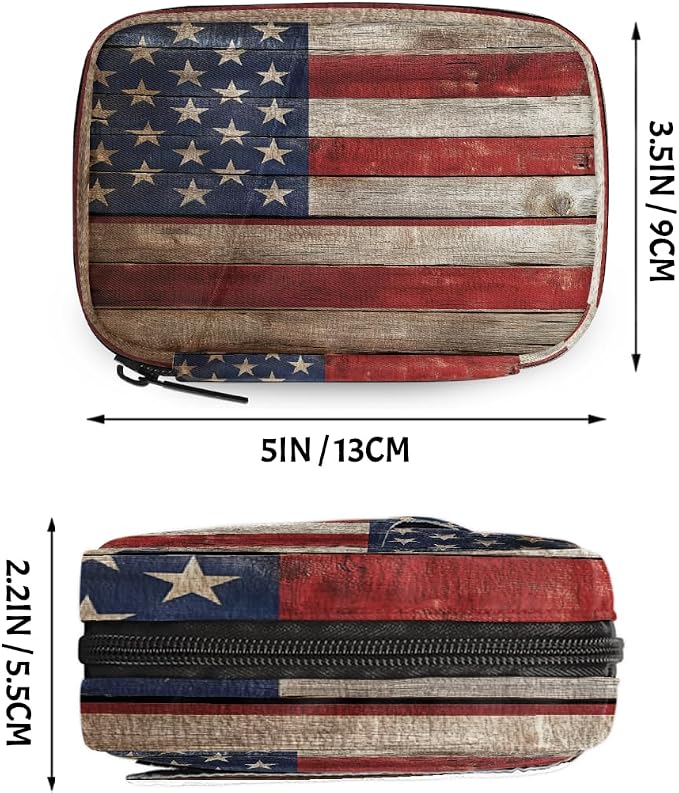 Weekly Pill Organizer Travel Size Bag with Removable 7 Day Pill Box Portable Vitamin Case Purse with Zipper,Wooden American Flag Pattern