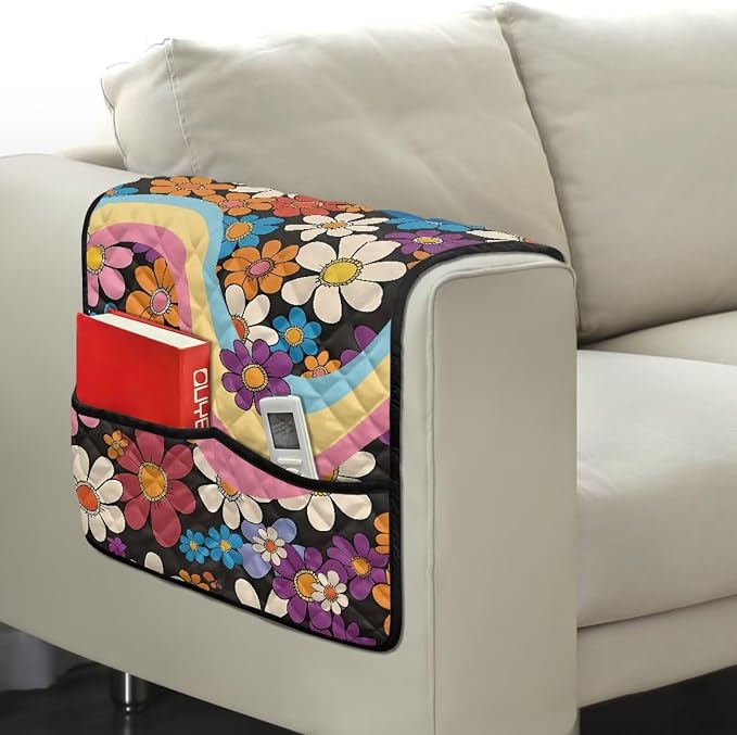 Hippie Floral Sofa Armrest Covers Non-Slip Arm Rest Covers Washable Couch Arm Cover with Organizer Pockets Dustproof Furniture Protector for Living Room Decoration