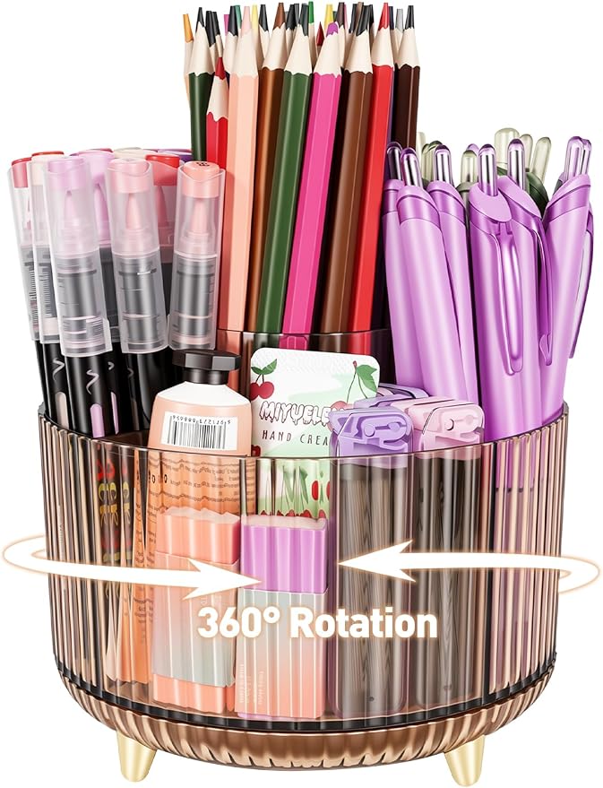 360 Rotating Pen Pencil Holder for Desk, Pen Organizer with 5 Slots | Makeup Brush Holder, Desk Organizer and Accessories, Cute Pencil Cup Caddy for Office School Home Decor Art Supply (Amber)