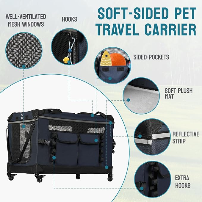 PEGIC 24-inch Rolling Extra Large Cat Carrier with Wheels | Spacious Travel Solution for Large Cats & Two Kittens, Reinforced Non-Sagging Base, For Car Rides & Vet Visits