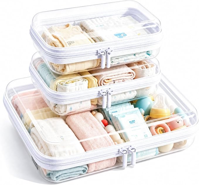 Clear Hard Shell Zipper Case, Crush-Proof Clear Zipper Pouches, TSA Approved Travel Toiletry Bag, Waterproof Makeup Bag & Diaper Bag, Organizer Bins for Toy Storage, Travel Accessories L+2S White