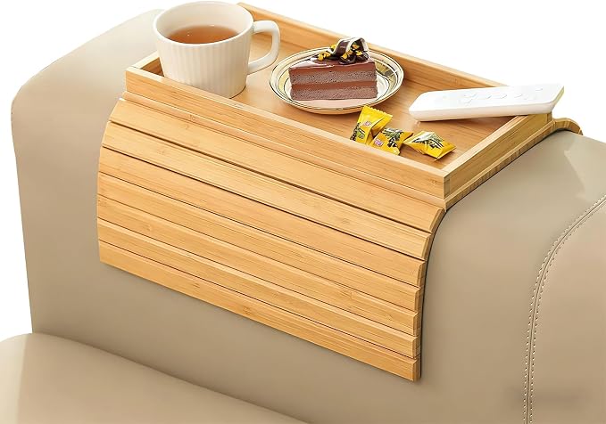 Bamboo Sofa Armrest Tray, Foldable Couch Arm Table with Anti-Slip & Waterproof Design, Versatile Sofa Arm Organizer for Drinks, Snacks, Remote Control, Fits Most Sofa Arm Widths (Bamboo)