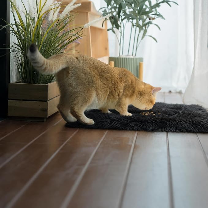 Fluffy Cat Bed Mat 19.6"x31.4" Furry Small Dog Cats Cushions for Indoor | Black Faux Fur Fuzzy Puppy Pads for Pet Sleep