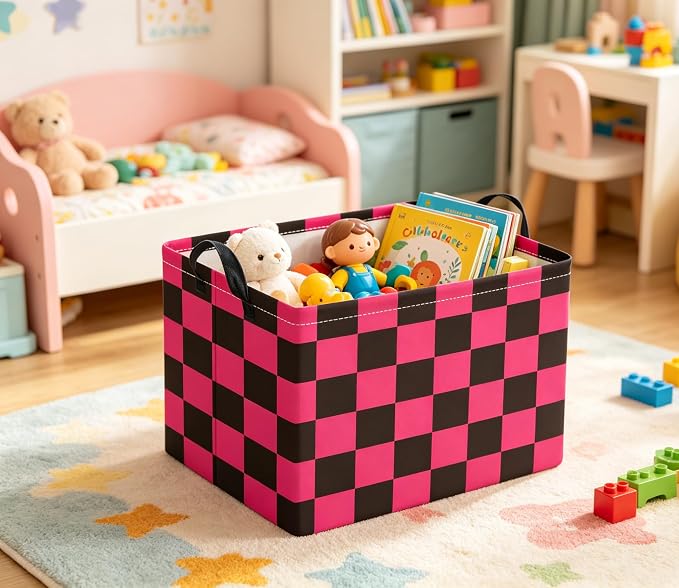 Rectangular Kids Basket Baby Girl Basket Fabric Storage Bin Organizer Box Room Decor(Pink Black Checkered)