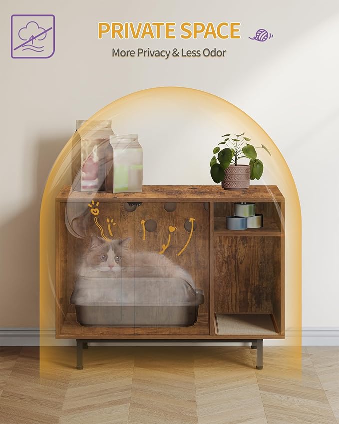 Hzuaneri Cat Litter Box Enclosure, Hidden Litter Box Furniture with Storage | Large Wooden Cabinet with Sisal Mat, Modern Cat Washroom for Living Room, Bedroom, Entryway, Rustic Brown and Black CB01501B