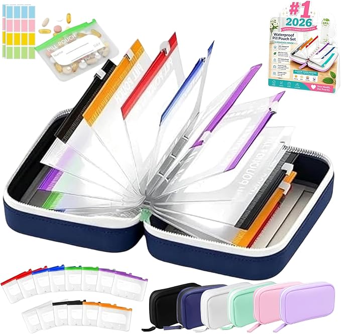 A8 Weekly Waterproof Pill Pouch Set, Reusable Weekly Pill Organizer with 14 Coded AM PM Pouches, Compact Portable Vitamin Supplement Storage Case for Travel Purse Daily Use