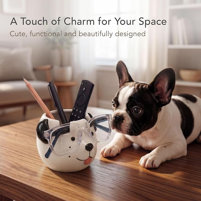 Glasses Holder Stand and Vase - Dog Ceramic Sunglasses and Eyeglasses Stand Gift Display and Decor Organizer for Desk Accessories and Stationery Items (White and Black)