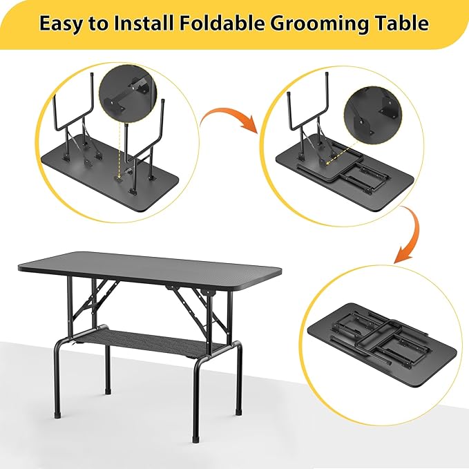 ROOMTEC 46 Inch Dog Grooming Table,Foldable Pet Grooming Tables at Home with Adjustable Arm,Nooses, Mesh Tray