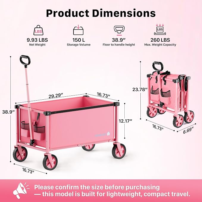 29.3" Collapsible Wagon Cart, 150L Heavy Duty Folding Utility Wagon with Wheels, 260 lbs Load, Portable Rolling Cart for Garden, Shopping, Sports, Camping, Pink
