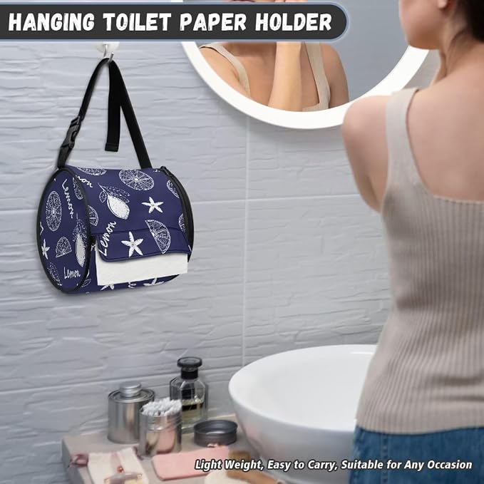 Lemon Paper Towel Holder Water Resistant Tissue Dispenser with Adjustable Strap, Collapsible Zippered Cylinder Hanging Toilet Paper Roll Holder