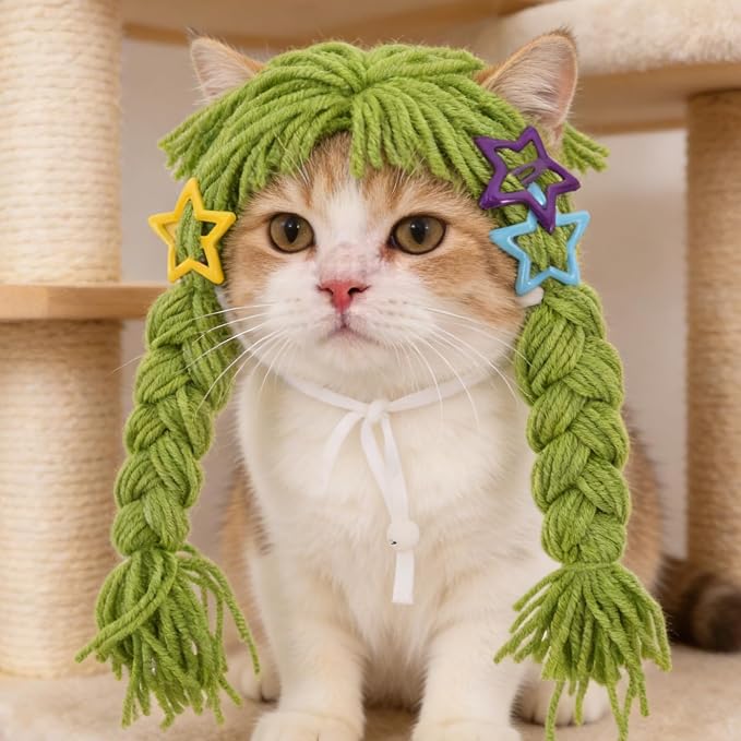 FRCOLOR Halloween Cat Wig Braided Yarn with Bows Nonirritating Reusable Washable Secure Clip-on Pet Headpiece for Birthday Pet Outfit and Holiday Costume