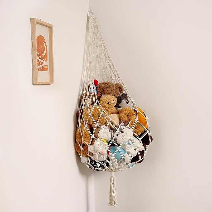 Amdermi Stuffed Animal Storage Organizers Toy Hammock Corner Hanging Net Stuffy Animal Hammock Macrame Toy Display Plush Toy Holder Wall, Kid Bedroom Decor Boho Nursery Playroom Organizer (Cream XL)