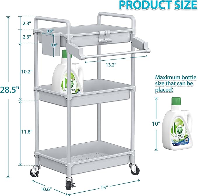 SPACEKEEPER Rolling Storage Cart, 3 Tier Utility Cart for Bathroom, Grey | Rolling Cart with Lockable Wheels, Towel Rack, Hooks & Cup for Laundry Room,Kitchen,Office, Snack,Craft,Art,Makeup,Nail,Toys