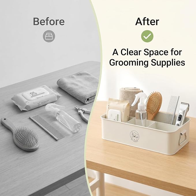 Dog Grooming Organizer Caddy, 4-Compartment Metal Pet Grooming Supplies Storage Bin with Handles, Pet Stuff Holder for Brushes, Clippers, Scissors, Combs, Cat Dog Grooming Kit-White