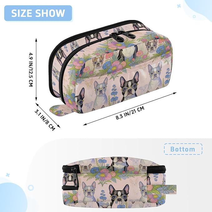 JUNZAN PVC Pencil Bag Boston Terrier Cute Dog Pet | Tear Resistant Elastic Pen Slots Office Organizer Multi-compartment