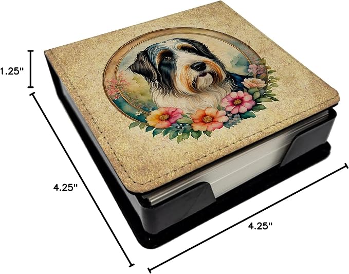 Caroline's Treasures Bearded Collie and Flowers PU Leather Note Paper Holder with Artist-Designed Cover, Desk Accessory, Office Gift