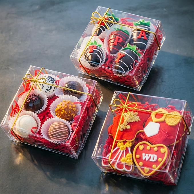 RomanticBaking 25PCS 5x5x2 Inches Transparent Gift Box Party Favors | Clear Treat Boxes for Cookies,Cake,Strawberries,Chocolate, Cinnamon Roll & More