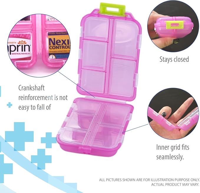 Deke Home - Portable Pill Organizer with 10 Large Compartments & 14 Medication Labels, Daily Pill Box for Vitamins, Supplements & Medicine, Portable Travel Case (Pink)