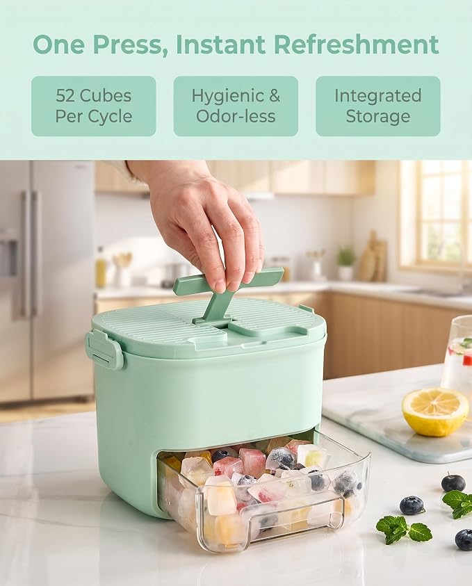 Press-Type Ice Cube Tray 52-Grid Mold with Storage Bin, Mint Green | Food-grade PET, odor-free lid, portable handle, includes scoop, easy release, for freezer, home bar, whiskey, cocktails