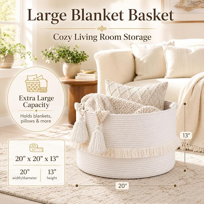 KAKAMAY Large Blanket Basket (20"x13"),Woven Baskets for storage Baby Laundry Hamper, Cotton Rope Blanket Basket for Living Room, Laundry, Nursery, Pillows, Baby Toy chest (White) | Extra Large Capacity,Blanket Storage | Laundry Basket | Natural Cotton...
