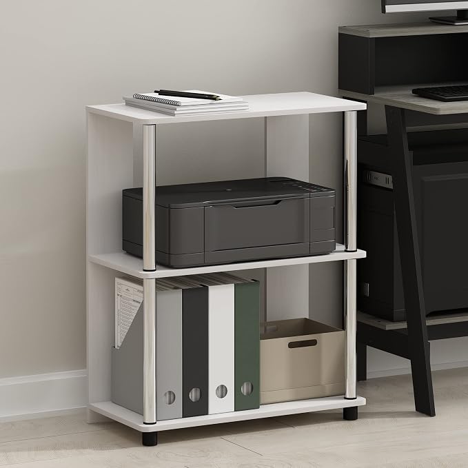 Furinno Jaya Simple Design 3-Tier Bookcase / Bookshelf / Display Rack with Stainless Steel Tubes, White Oak | 11.6 x 23.6 x 30, Storage Shelves, Shelving Unit, for Organization and Storage, Living Room, Garage, Home Office