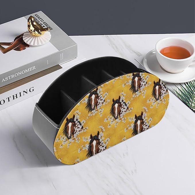 TV Remote Control Holders Horse Flower Yellow Office Desktop Storage Cup | 5 Compartments, Pu Leather, Horse Flower Yellow, Media Controllers Supplies Makeup Brush
