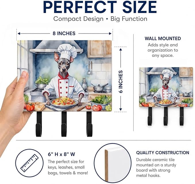 Caroline's Treasures American Hairless Terrier The Chef Leash or Key Holder Wall Hooks, Key Hooks Holder, Coat Rack Wall Mount, Coat Hooks, Hooks for Hanging Keys, Towels, Aprons, Leashes | American Hairless Terrier The Chef artwork on ceramic tile wit...
