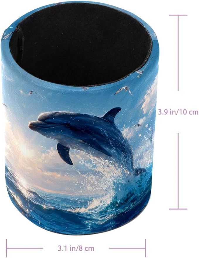 Faux Leather Pen Holder for Desk, Pencil Organizer Dolphin Pen Cup Desk Decor Makeup Brush Holder Storage for Office Home