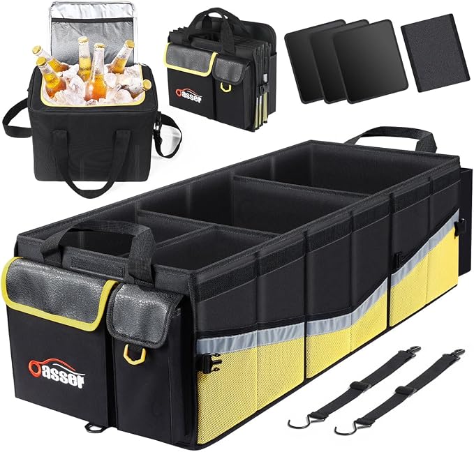 Oasser Trunk Organizer 95L with 20L Removable Cooler Bag for SUV | 4 Compartments, 9 Side Pockets, Foldable Lid, No Deformation, 1680D, Non Slip Bottom, 2 Straps, Reflective Strip