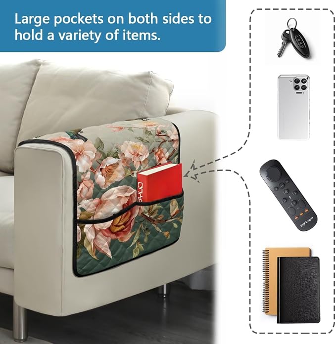 Hummingbird Sofa Arm Rest Cover Armrest Covers for Living Room Loveseat Couch Recliner Armchair Slipcover Sofa Arm Protector for Pets with Organizer Pockets